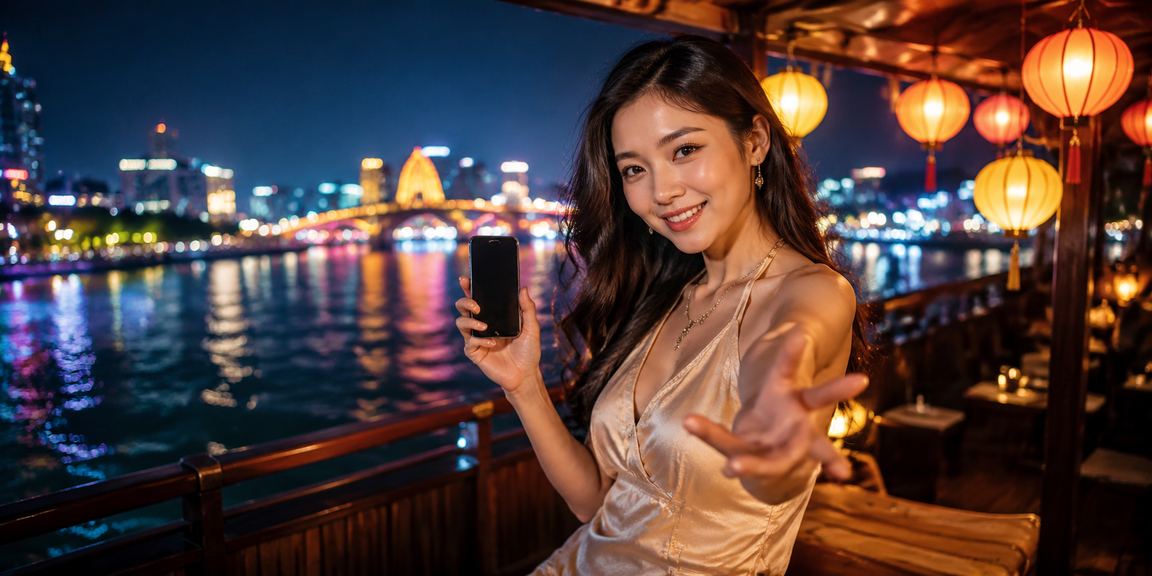 Người dùng chơi casino trên điện thoại dưới ánh đèn lồng Đà Nẵng về đêm